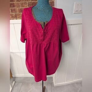 Easy Essentials Eyelet Yoke Red, Woman Plus Size 3X, 100% Cotton Tee